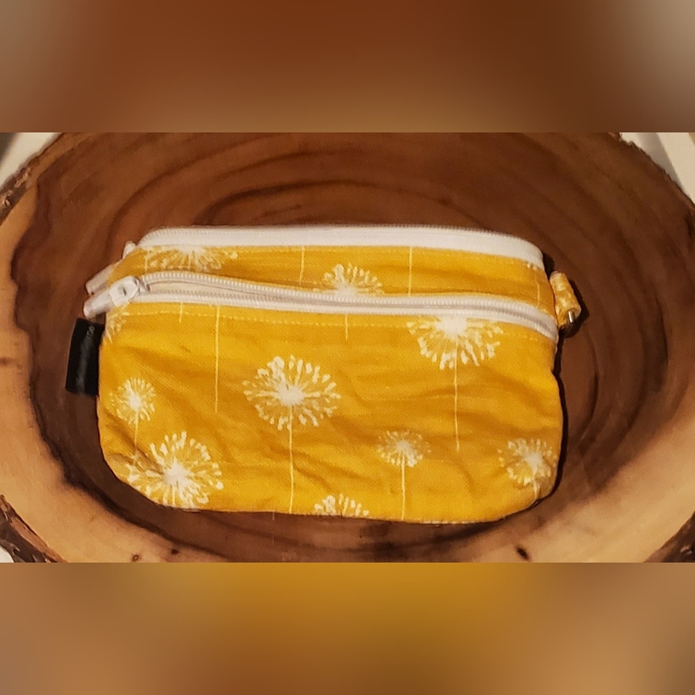 YELLOW floral print coin purse with 2 zippers